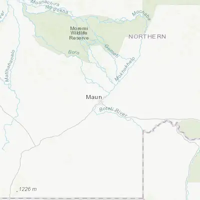 Map showing location of Maun (-19.983330, 23.416670)
