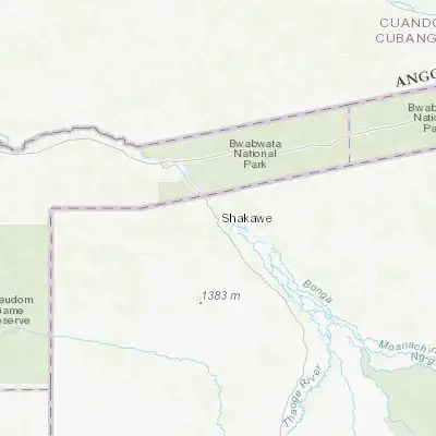Map showing location of Shakawe (-18.365360, 21.842190)