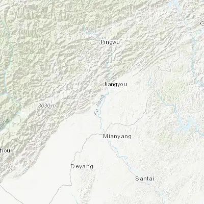 Map showing location of Jiangyou (31.766670, 104.716670)