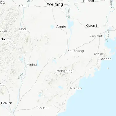 Map showing location of Zhigou (35.916670, 119.216670)