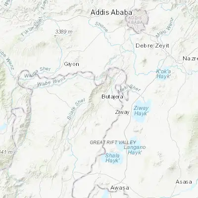 Map showing location of Butajīra (8.116670, 38.366670)