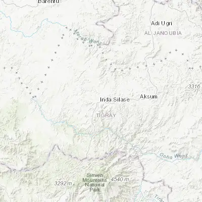 Map showing location of Inda Silasē (14.103070, 38.282890)