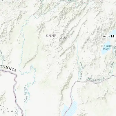 Map showing location of Jinka (5.650000, 36.650000)