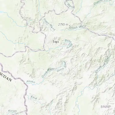 Map showing location of Mīzan Teferī (6.998650, 35.588790)