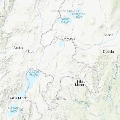 Map showing location of Yirga ‘Alem (6.750000, 38.416670)