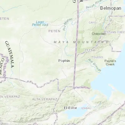 Map showing location of Poptún (16.331110, -89.416940)