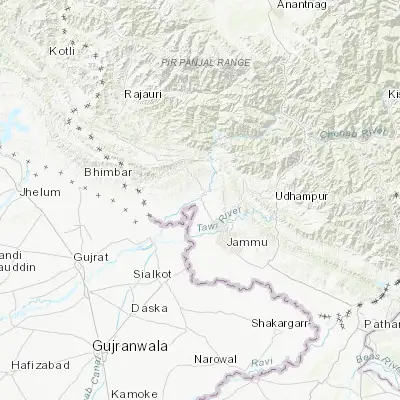 Map showing location of Akhnūr (32.866670, 74.733330)