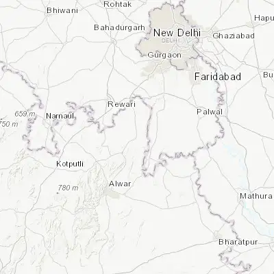 Map showing location of Tijāra (27.934110, 76.855410)