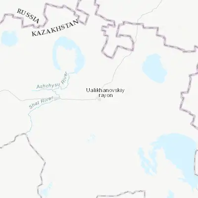Map showing location of Kzyltu (53.635890, 72.340790)