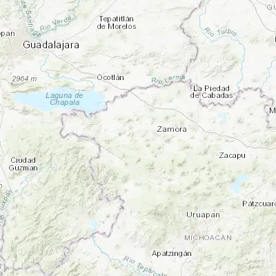 Map showing location of Santiago Tangamandapio (19.955680, -102.435460)