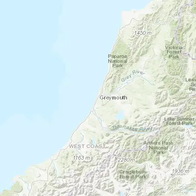 Map showing location of Greymouth (-42.466670, 171.200000)