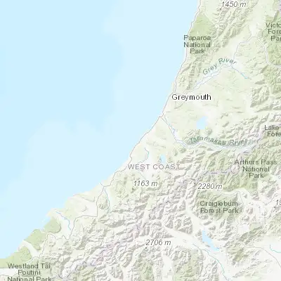 Map showing location of Hokitika (-42.716670, 170.966670)