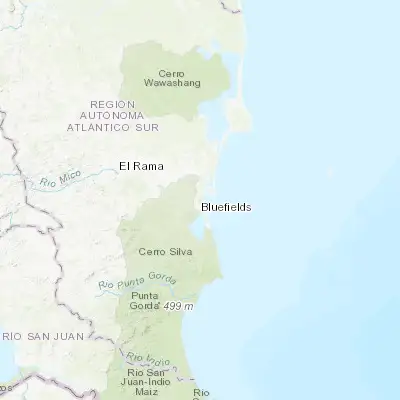 Map showing location of Bluefields (12.013660, -83.763530)
