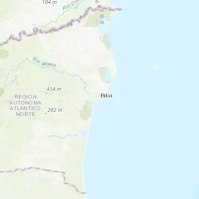 Map showing location of Puerto Cabezas (14.035070, -83.388820)