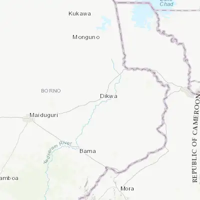 Map showing location of Dikwa (12.036090, 13.918150)
