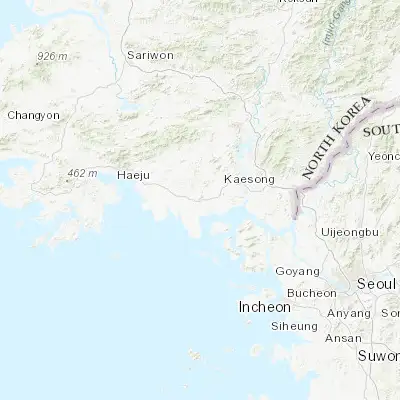 Map showing location of Yŏnan-ŭp (37.908890, 126.161110)