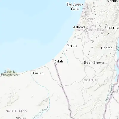Map showing location of ‘Abasān al Kabīrah (31.319130, 34.340050)