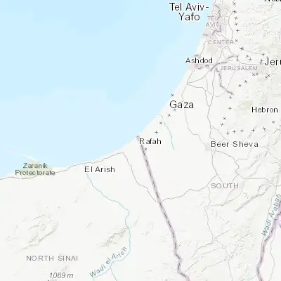 Map showing location of Rafaḩ (31.297220, 34.243570)