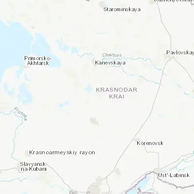 Map showing location of Bryukhovetskaya (45.806030, 38.999590)