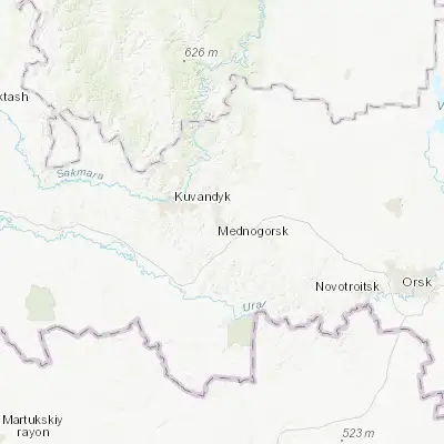 Map showing location of Mednogorsk (51.412800, 57.595000)