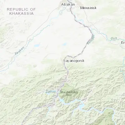 Map showing location of Sayanogorsk (53.087500, 91.399720)