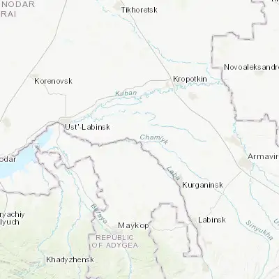 Map showing location of Temirgoyevskaya (45.114140, 40.280270)