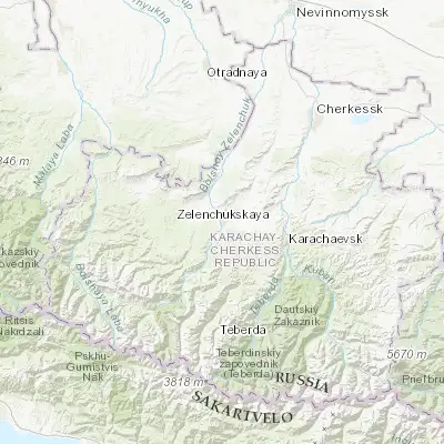 Map showing location of Zelenchukskaya (43.858040, 41.589400)