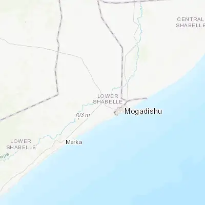 Map showing location of Afgooye (2.138100, 45.121200)