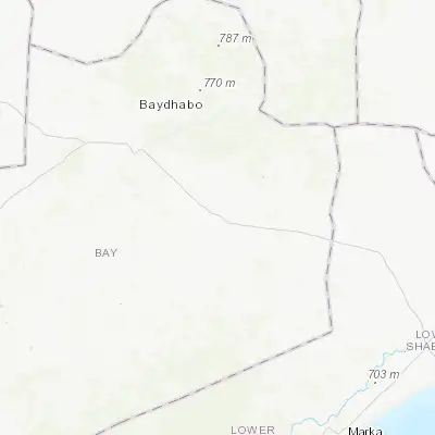 Map showing location of Buurhakaba (2.802570, 44.078050)