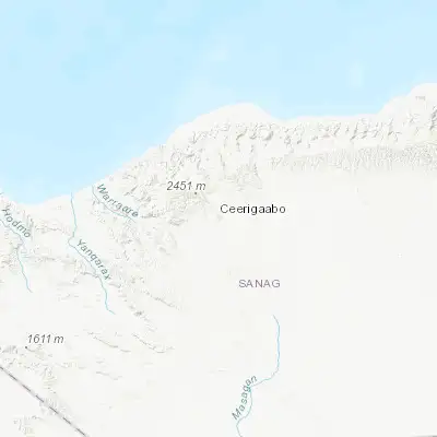Map showing location of Ceerigaabo (10.616160, 47.367950)