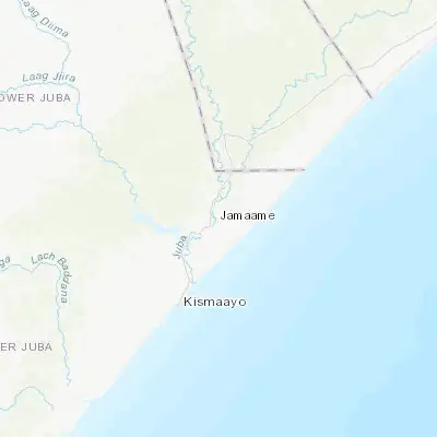 Map showing location of Jamaame (0.069680, 42.744970)