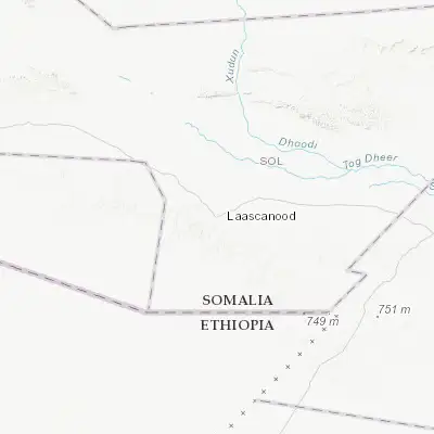 Map showing location of Laascaanood (8.477380, 47.359710)
