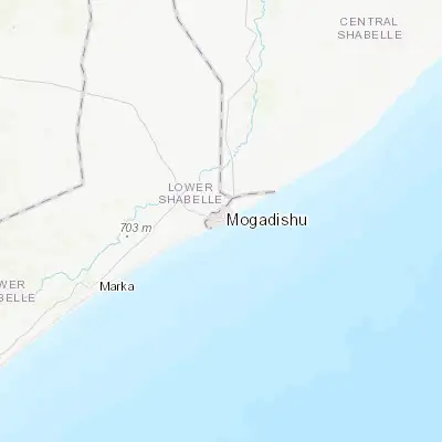 Map showing location of Mogadishu (2.037110, 45.343750)