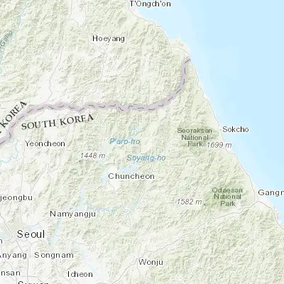 Map showing location of Yanggu (38.105830, 127.989440)