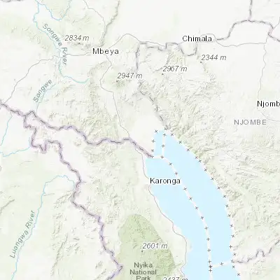 Map showing location of Kyela (-9.583330, 33.850000)