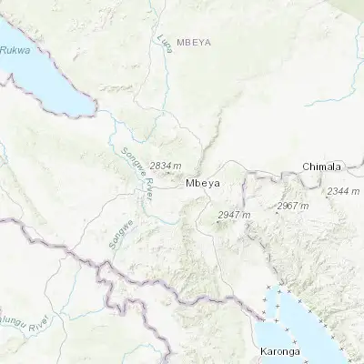 Map showing location of Mbeya (-8.900000, 33.450000)