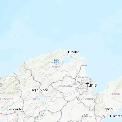 Map showing location of Douar Tindja (37.166670, 9.750000)