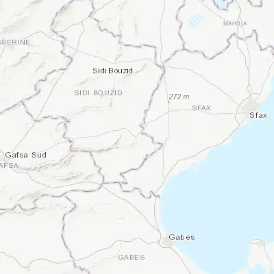 Map showing location of Mezzouna (34.577580, 9.841930)