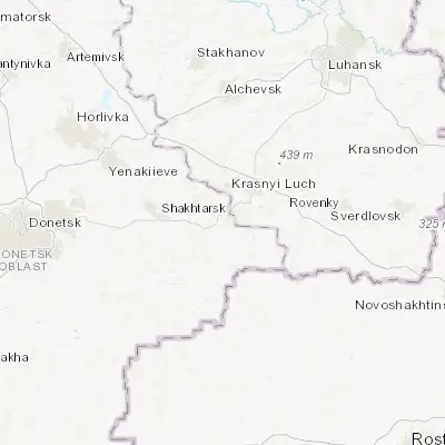 Map showing location of Snizhne (48.026120, 38.772250)