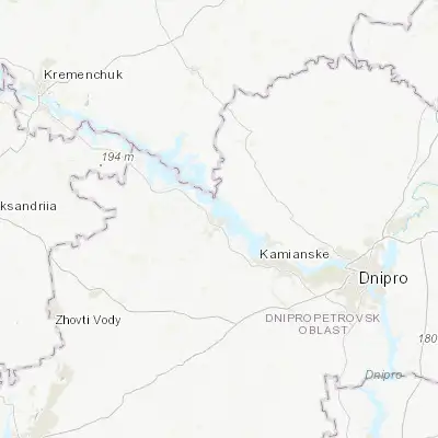 Map showing location of Verkhnodniprovsk (48.655570, 34.326200)