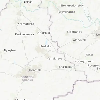 Map showing location of Vuhlehirsk (48.314740, 38.274230)