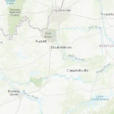 Map showing location of Hodgenville (37.573950, -85.739960)