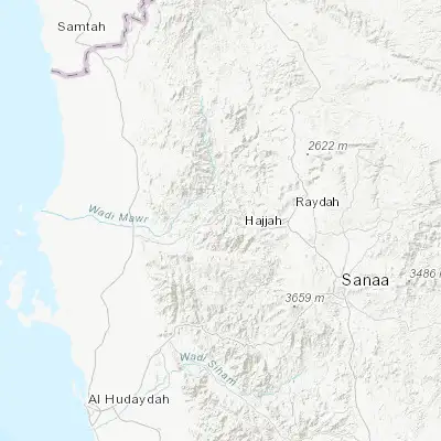Map showing location of Ḩajjah (15.694250, 43.605820)